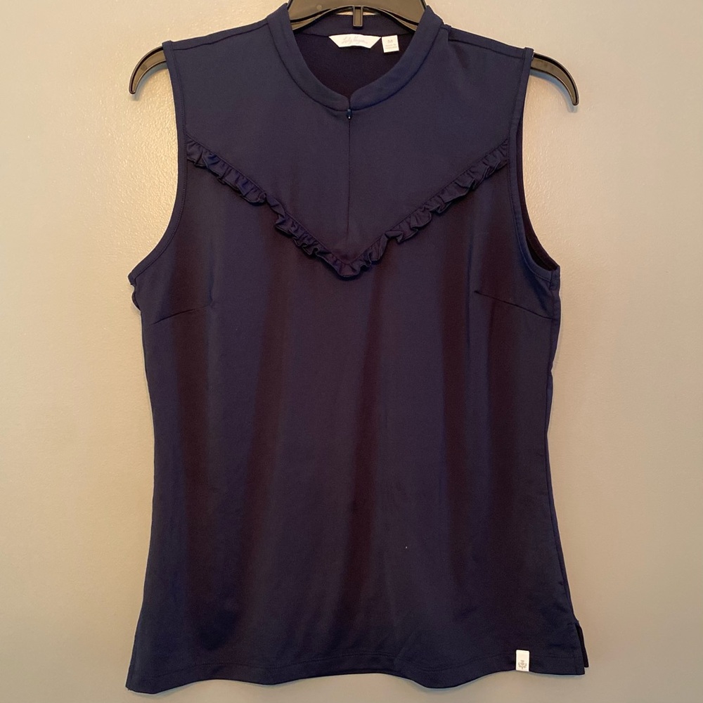 Lady Hagen Navy Blue Sleeveless Ruffled Tank Top